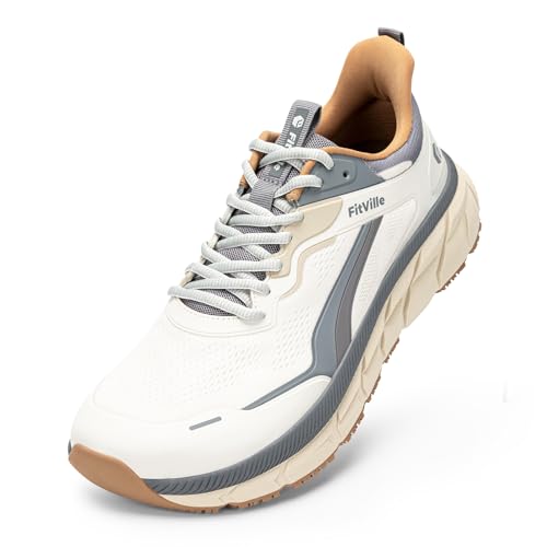 FitVille Extra Weit Laufschuhe Herren Sportschuhe Atmungsaktive Traillaufschuhe Leicht Joggingschuhe Walking Schuhe Weiß/Karamell 46 EU Weit von FitVille