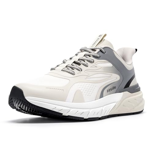 FitVille Laufschuhe Herren Extra Breit Walkingschuhe Slip on Sneaker Atmungsaktive Sportschuhe Dämpfende Joggingschuhe Bequeme Fitnessschuhe Schuhe Turnschuhe Running Shoes Men Weiß Grau EU 41 Weit von FitVille