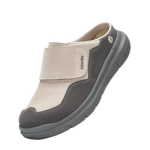 FitVille Senioren Hausschuhe Extra Weit Slipper Herren mit Klettverschluss Bequeme Pantoffeln Männer mit Fußgewölbestütze Beige/Grau 41 EU Weit von FitVille