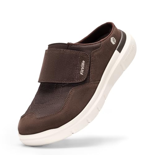 FitVille Senioren Hausschuhe Extra Weit Slipper Herren mit Klettverschluss Bequeme Pantoffeln Männer mit Fußgewölbestütze Braun 41 EU Weit von FitVille