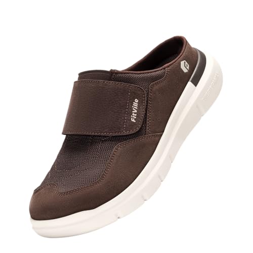 FitVille Senioren Hausschuhe Extra Weit Slipper Herren mit Klettverschluss Bequeme Pantoffeln Männer mit Fußgewölbestütze Braun 44-45 EU Weit von FitVille