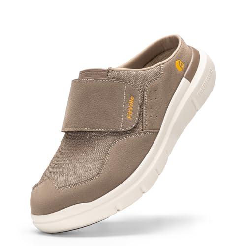 FitVille Senioren Hausschuhe Extra Weit Slipper Herren mit Klettverschluss Bequeme Pantoffeln Männer mit Fußgewölbestütze Sandbraun 43 EU Weit von FitVille