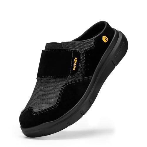 FitVille Senioren Hausschuhe Extra Weit Slipper Herren mit Klettverschluss Bequeme Pantoffeln Männer mit Fußgewölbestütze Schwarz 43 EU Weit von FitVille