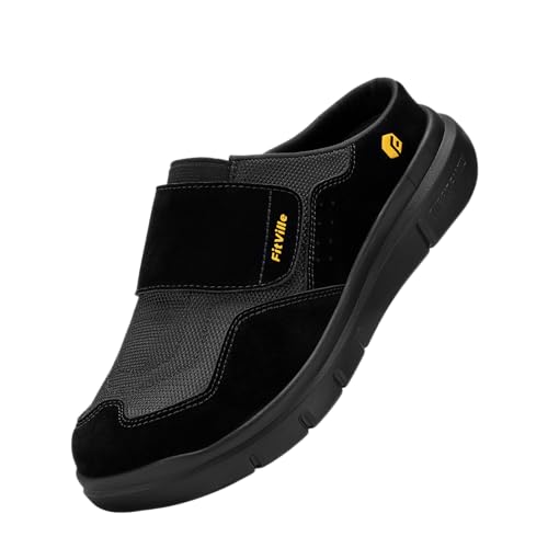 FitVille Senioren Hausschuhe Extra Weit Slipper Herren mit Klettverschluss Bequeme Pantoffeln Männer mit Fußgewölbestütze Schwarz 48 EU Weit von FitVille