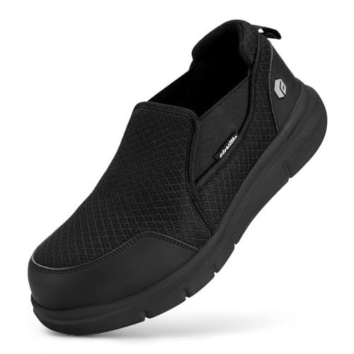 FitVille Sicherheitsschuhe Herren Extra Weit Arbeitsschuhe Leicht Sportlich Slip On Stahlkappenschuhe Anti-Piercing Schutzschuhe rutschfeste Atmungsaktiv,Schwarz,40 EU,Weit von FitVille