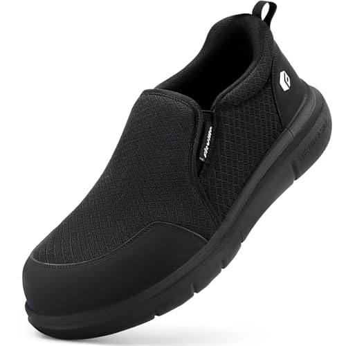 FitVille Sicherheitsschuhe Herren Extra Weit Arbeitsschuhe Leicht Sportlich Slip On Stahlkappenschuhe Anti-Piercing Schutzschuhe rutschfeste Atmungsaktiv,Schwarz,44 EU,Weit von FitVille