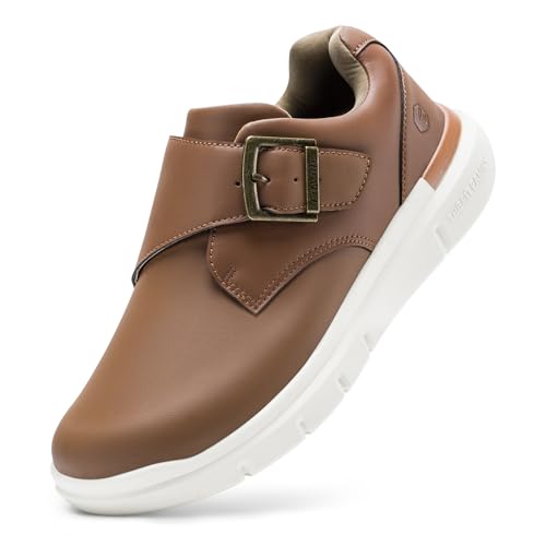 FitVille Extra Weit Freizeitschuhe Herren Turnschuhe mit Klettverschluss Leder Sneaker Walkingschuhe Klassische Businessschuhe Schnallenschuhe Bronze Bernstein 44 EU X-Weit von FitVille