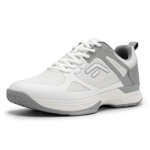 FitVille Extra Weit Tennisschuhe Herren Badminton Schuhe rutschfest Hallenschuhe Bequeme Sportschuhe Atmungsaktive Fitnessschuhe Sneakers für Breite Füße,Weiß mit Grau,42 EU,Weit von FitVille