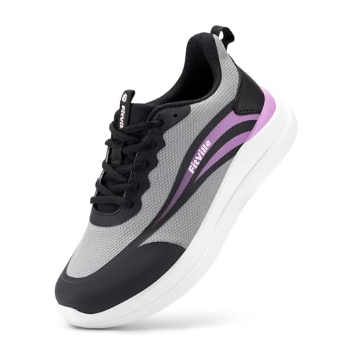 FitVille Sportschuhe Damen Extra Weit Walkingschuhe Atmungsaktiv Freizeitschuhe Sneaker Fitness Outdoor Tennis Jogging rutschfest Training Schuhe Gym für Breite Füße,Grau mit Lila,42 EU,X-Weit von FitVille