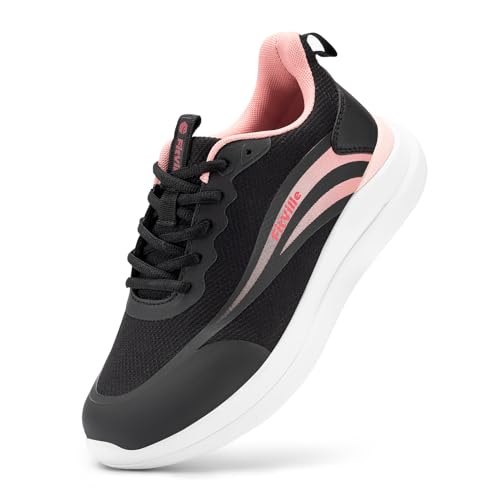 FitVille Turnschuhe Damen Extra Breit Walkingschuhe Atmungsaktiv Freizeitschuhe Sneaker Fitness Outdoor Tennis Jogging rutschfest Training Schuhe Gym für Breite Füße,Schwarz mit Rosa,38 EU,Weit von FitVille