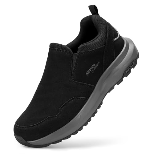 FitVille Wanderschuhe Herren Extra Breit Trekkingschuhe rutschfeste Outdoor Schuhe Atmungsaktiv Freizeitschuhe Slip On Walkingschuhe Weit Herren Sneaker mit Fußgewölbestütze,Schwarz,48 EU,X-Weit von FitVille