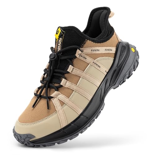 FitVille Wanderschuhe Herren Extra Breit Trekkingschuhe rutschfeste Slip On Outdoor Schuhe Atmungsaktiv Bergschuhe Leicht Walkingschuhe Weit Herren Sneaker Warmes Taupe/Sand 46.5 EU X-Weit von FitVille