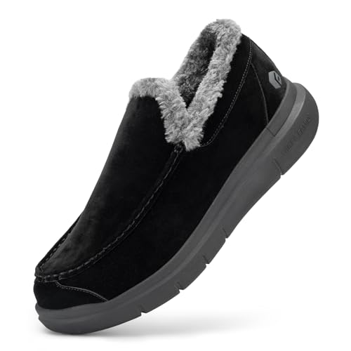 FitVille Warme Hausschuhe Damen Winter Slip-on Schuhe Extra Breit Plüsch Gefüttert Slippers Fußgewölbestütze für Drinnen und Draußen Schwarz 38.5 EU X-Weit von FitVille