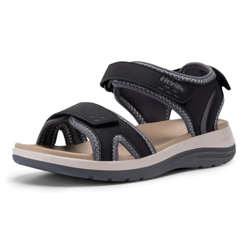 FitVille Weit Damen Sandalen mit Klettverschluss Weich Komfort Sommerschuhe für breit Füße Schwarz 41 EU Weit von FitVille