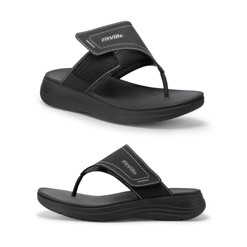 FitVille Weit Flip Flops mit Fussbett Leicht Freizeit Peep Toe Slipper mit Fußgewölbestütze Schwarz 36 EU Weit von FitVille