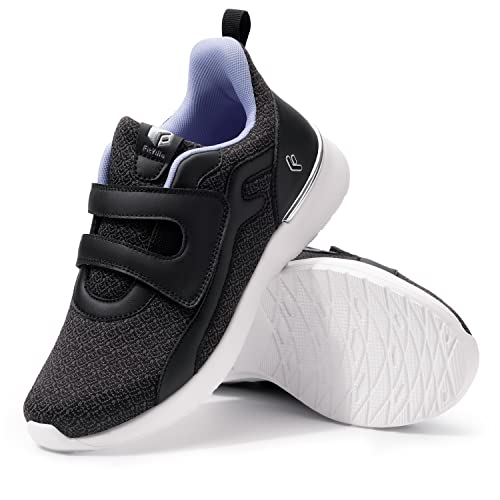 FitVille Weit Klettverschluss Walking Schuhe Damen Freizeit Turnschuhe für ältere Frauen Leichte Sneaker Schwarz 39.5 EU Weit von FitVille