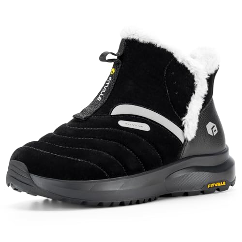 FitVille Damen Winterstiefel Extra Weit Winterschuhe Warm Gefüttert Schneestiefel mit Klettverschluss Kurzschaft Stiefel Wasserdicht Stiefeletten Rutschfest Outdoor Winter Boots,Schwarz,39,Weit von FitVille