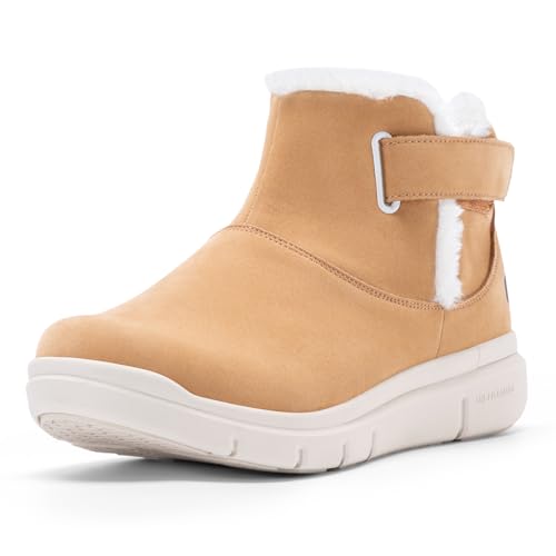 FitVille Winterstiefel Damen Extra Weit Winterschuhe Warm Gefüttert Schneestiefel Winter Kurzschaft Stiefel Schlupfstiefel mit Klettverschluss Rutschfest Outdoor Boots Kastanie 36 EU Weit von FitVille