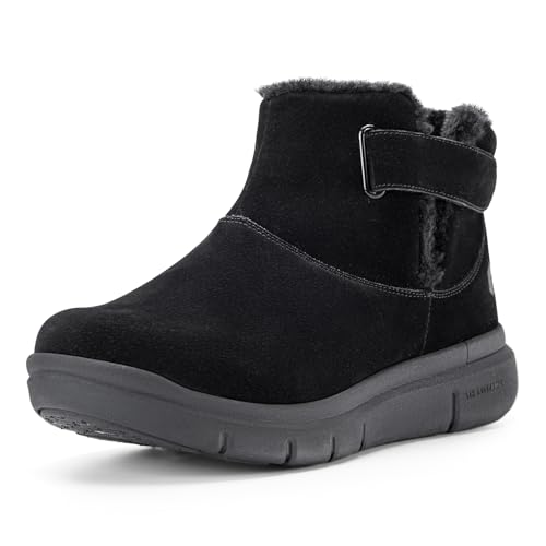 FitVille Winterstiefel Damen Extra Weit Winterschuhe Warm Gefüttert Schneestiefel Winter Kurzschaft Stiefel Schlupfstiefel mit Klettverschluss Rutschfest Outdoor Boots Schwarz 36 EU X-Weit von FitVille