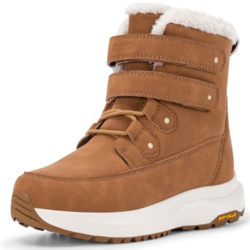 FitVille Winterstiefel Damen Wasserdicht Extra Weit Winterschuhe mit Klettverschluss Warme Gefüttert Schneestiefel Rutschfeste Kurzschaft Stiefel Wasserdicht Winter Outdoor Braun 37 EU X-Weit von FitVille