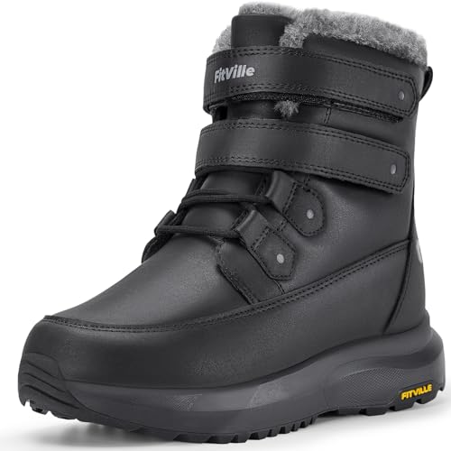 FitVille Winterstiefel Damen Wasserdicht Extra Weit Winterschuhe mit Klettverschluss Warme Gefüttert Schneestiefel Rutschfeste Kurzschaft Stiefel Wasserdicht Winter Outdoor Schwarz 42 EU X-Weit von FitVille