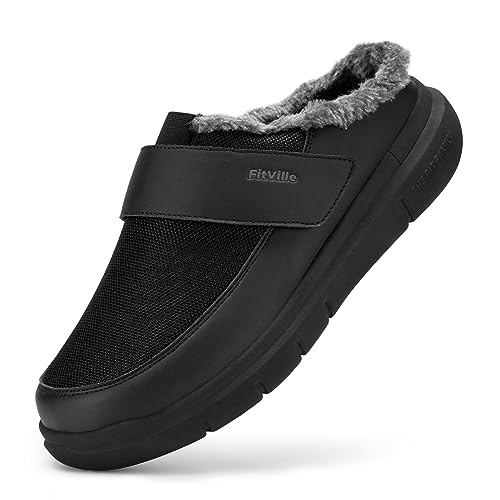 FitVille breit Diabetikerschuhe mit Klettverschluss Hausschuhe Herren Winter Senioren Gesundheit Pantoffeln Winter warm Filz Schwarz 47 größe weit von FitVille