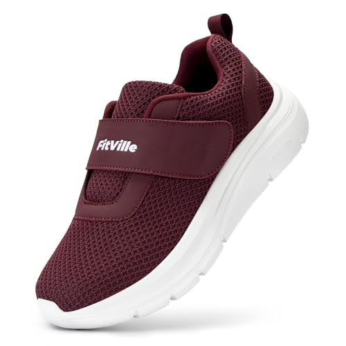 FitVille breite Turnschuhe Schlupf Damen Sneaker mit Klettverschluss Stoff orthopaedisch Hausschuhe mit Dicker Sohle Burgunderrot 38.5 EU Weit von FitVille