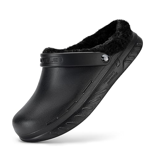 FitVille weit Gartenschuhe Herren gefüttert Gartenclogs mit Fußbett Warm Garten Clogs Gummi rutschfest geschlossen Lined Clogs für drinnen und draußen Winter Arbeitsschuhe Schwarz 41 EU Weit von FitVille