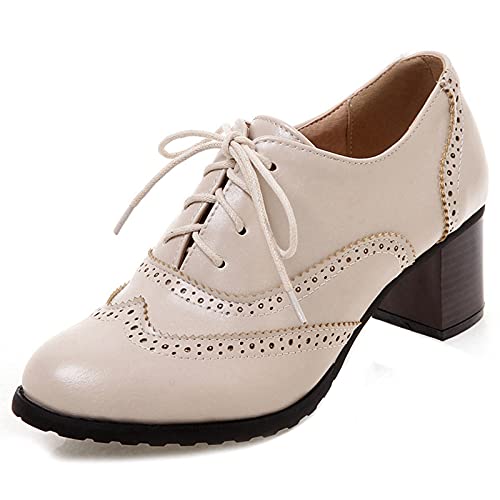 FitWee Vintage Spring Schuhe Low Top Block Mid Heels Damen Brogues Wingtip Oxford Schuhe Schnüren Mädchen Schule Schuhe Lack Beige Gr 39 Asian von FitWee