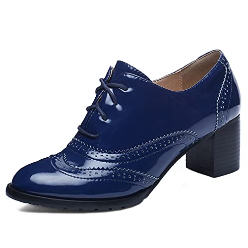 FitWee Vintage Spring Schuhe Low Top Block Mid Heels Damen Brogues Wingtip Oxford Schuhe Schnüren Mädchen Schule Schuhe Lack Blue Gr 38 Asian von FitWee