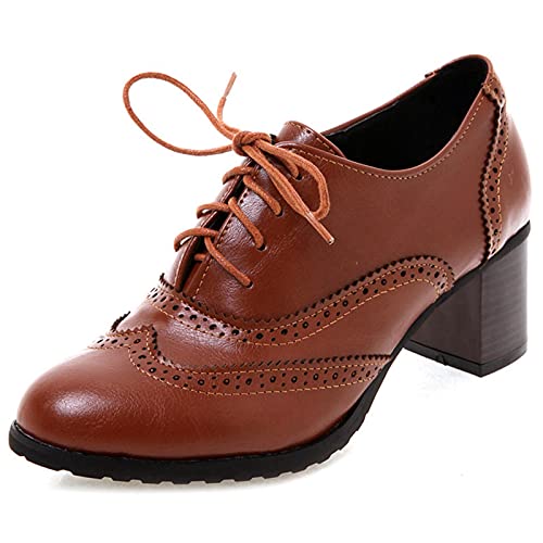 FitWee Vintage Spring Schuhe Low Top Block Mid Heels Damen Brogues Wingtip Oxford Schuhe Schnüren Mädchen Schule Schuhe Lack Brown Gr 39 Asian von FitWee