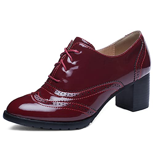 FitWee Vintage Spring Schuhe Low Top Block Mid Heels Damen Brogues Wingtip Oxford Schuhe Schnüren Mädchen Schule Schuhe Lack Claret Gr 38 Asian von FitWee