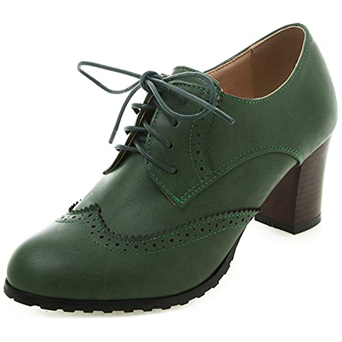 FitWee Vintage Spring Schuhe Low Top Block Mid Heels Damen Brogues Wingtip Oxford Schuhe Schnüren Mädchen Schule Schuhe Lack Green Gr 42 Asian von FitWee