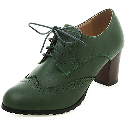 FitWee Vintage Spring Schuhe Low Top Block Mid Heels Damen Brogues Wingtip Oxford Schuhe Schnüren Mädchen Schule Schuhe Lack Green Gr 43 Asian von FitWee