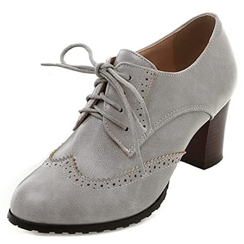 FitWee Vintage Spring Schuhe Low Top Block Mid Heels Damen Brogues Wingtip Oxford Schuhe Schnüren Mädchen Schule Schuhe Lack Grey Gr 39 Asian von FitWee