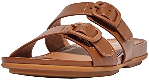 Fitflop Damen Gracie Lederschieber mit Gummischnalle mit Zwei Stangen Flache Sandale, Hellbraun, 41 EU von Fitflop