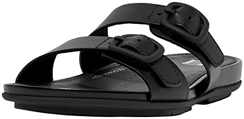 Fitflop Damen Gracie Lederschieber mit Gummischnalle mit Zwei Stangen Flache Sandale, Schwarz, 42 EU von Fitflop