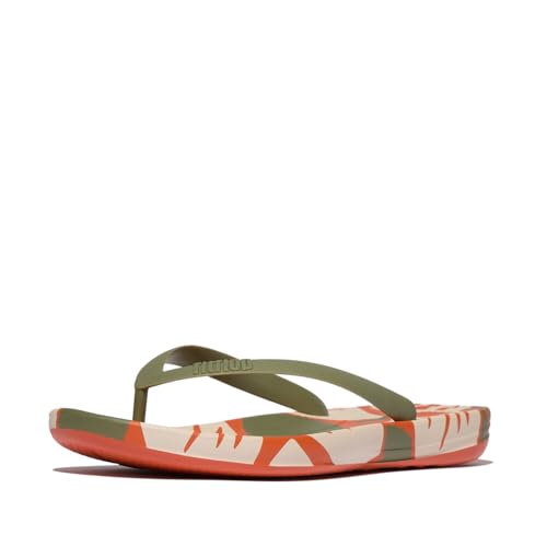Fitflop Herren Iqushion Mens Leaf-Print Ergonomic Flip-Flops Flipflop, graugrün, 43 EU von Fitflop