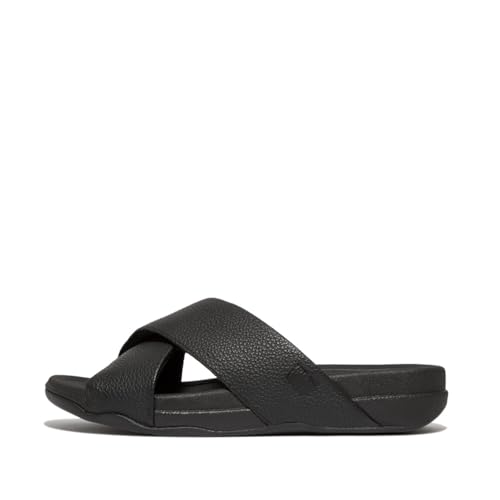 Fitflop Herren Surfer Mens Tumbled-Leather Cross Slides Schiebe-Sandalen, Schwarz, 44.5 EU Weit von Fitflop
