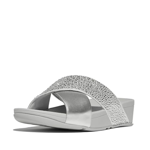 Fitflop Lulu Crystal-Mix Metallic Cross Slides ZILVER - Größe 40 von Fitflop