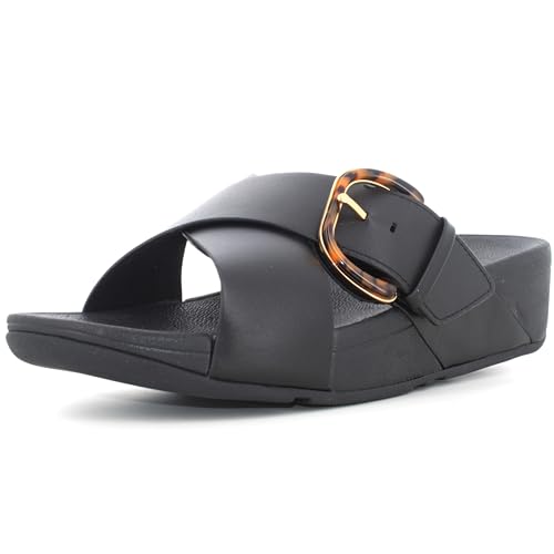Fitflop Lulu Resin-Buckle Leather Cross Slides All Black Größe EU 39 von Fitflop