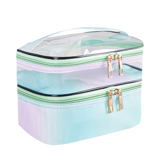 FITINI Make-up-Tasche, doppellagig, Reise-Aufbewahrung, Kosmetikkoffer, Make-up-Organizer, Kulturbeutel, wasserabweisend, für Damen, Make-up-Pinseltasche, Farbverlauf, Grün von Fitini