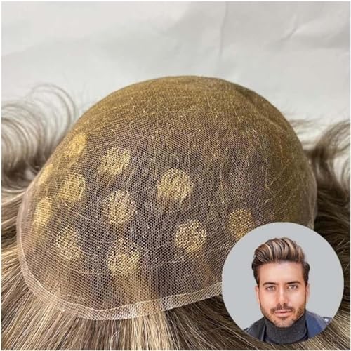 Haartoupet Männer Toupet für Männer Stücke aus echtem menschlichem Haar Männliche Haarprothese Superweich und atmungsaktiv Vollspitzen-Haarersatzsystem für Männer Herrendupet(Color:Color 4 and 6 von Fitlin