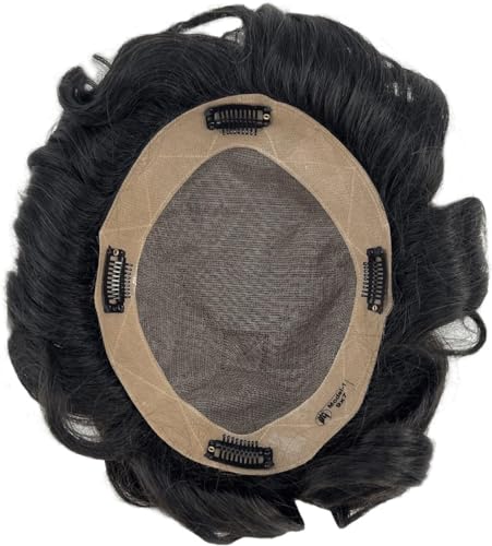 Hair Toupee men Clip-On Men's Hair System Fine Mono and PU Base Mens Toupee Double Knot Durable Human Hair Male Hair Prosthesis Natural Wave Hair Toupee for Men Men's Toupee(30mm Wave#1B10 130%,7x9) von Fitlin