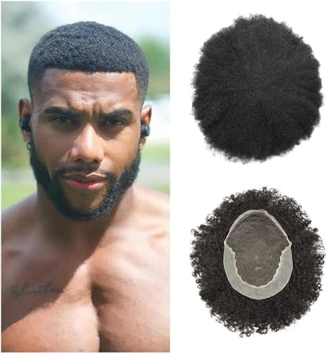 Hair Toupee men Lace Front Curly Men Hair System Comfortable Afro Male Hair Prosthesis Bleached Knots French Lace Top and PU Thin Skin Perimeter Human Hair Pieces Men's Toupee(6 INCHES-10MM WAVE-110%, von Fitlin