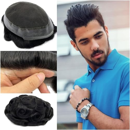 Hair Toupee men Men Toupee 6" Human Hair Replacement System with 8x10 Inch Base Swiss Lace and Pu Around Men Hair Unit Hair Pieces Durable Male Hair Prosthesis Men's Toupee(6 INCHES-1B#-120%-FREE-8X10 von Fitlin