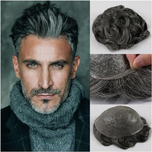 Hair Toupee men Toupee for Men European Human Hair Pieces 0.08mm Soft Thin Skin V-looped PU Base Prosthesis Units 6" Male Wig Hair Replacement System Men's Toupee(6 INCHES-1B40#-100%-FREE-6X8) von Fitlin