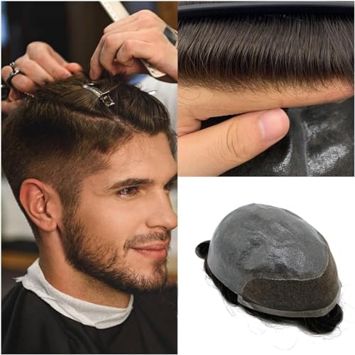 Hair Toupee men Toupee for Men Hair Pieces with 8x10" Thin Skin PU Base Swiss Lace Front Hair System Replacement 6" Indian Human Hair Wigs Units, 2 Dark Brown Color Men's Toupee(6 INCHES-#2-120%-FREE- von Fitlin