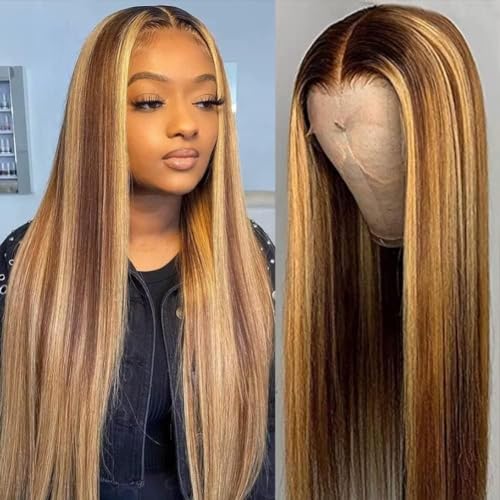 Highlight Spitze Front Perücken Echthaar Ombre 13x4 Gerade Spitze Front Perücken Echthaar für schwarze Frauen 4/27 Farben Glueless Perücken Echthaar Vorgezupft mit babyhaar 180% Haardichte von Fitlin