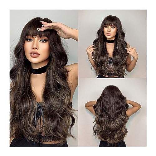 Wigs Dark Brown Long Water Wave Synthetic Wigs with Bangs Natural Mixed Platinum Wavy Fake Hairs Wig for Women Daily Party Resistant Girls Daily Use Wigs von Fitlin